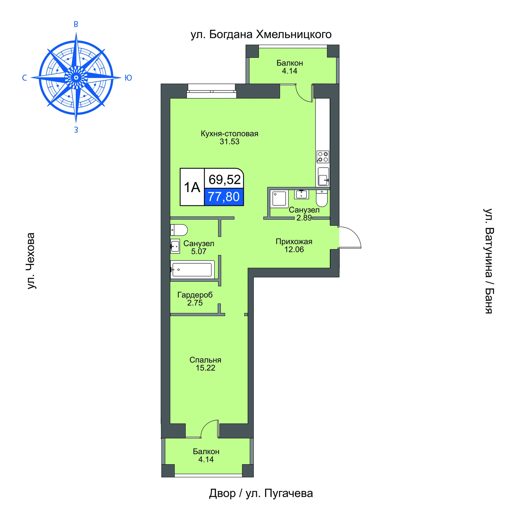 Зеркальная планировка квартиры типа 1А площадью 77,80 м²