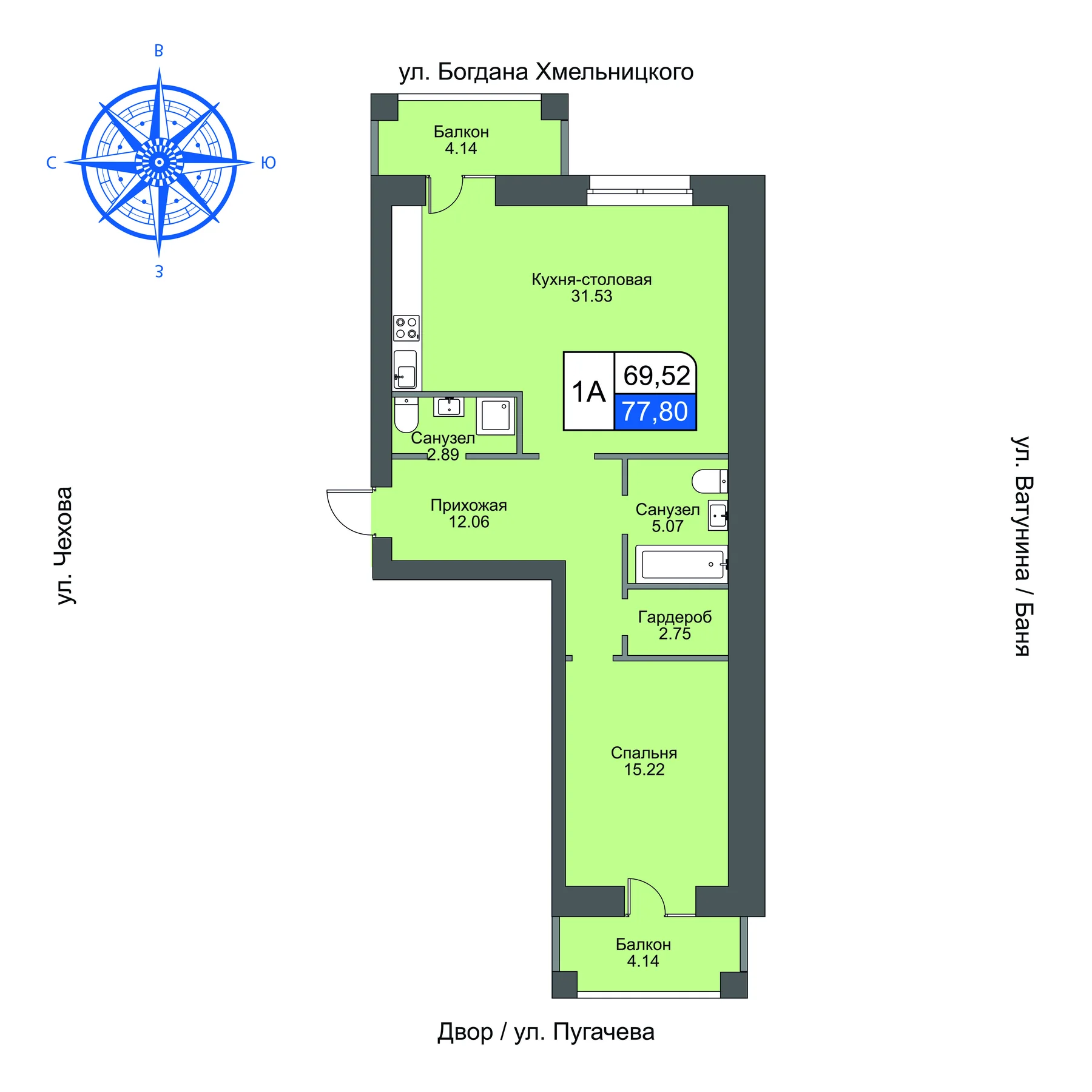 Планировка квартиры типа 1А площадью 77,80 м²
