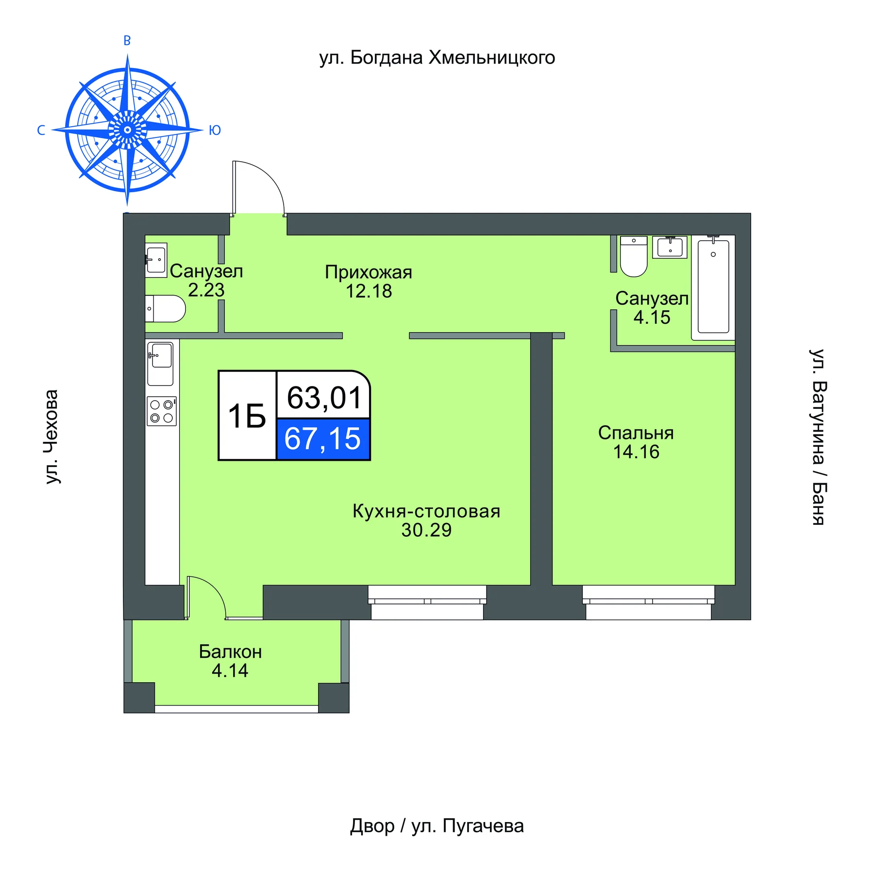 Планировка квартиры типа 1Б площадью 67,15 м²
