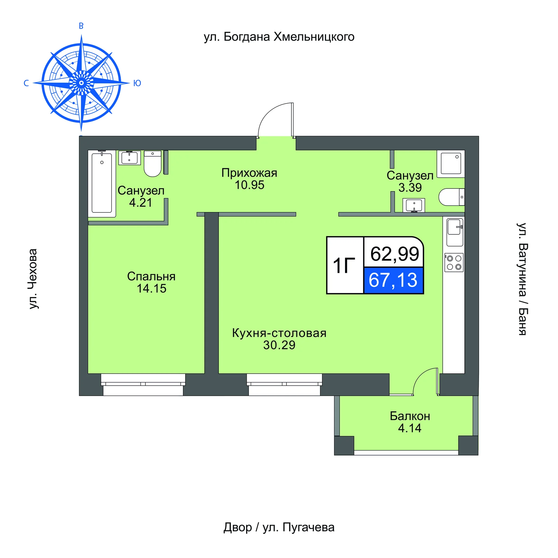 Планировка квартиры типа 1Г площадью 67,13 м²