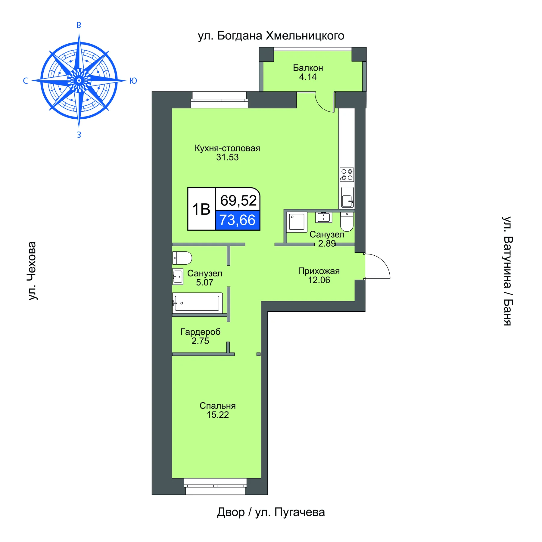 Планировка квартиры типа 1В площадью 73,66 м²