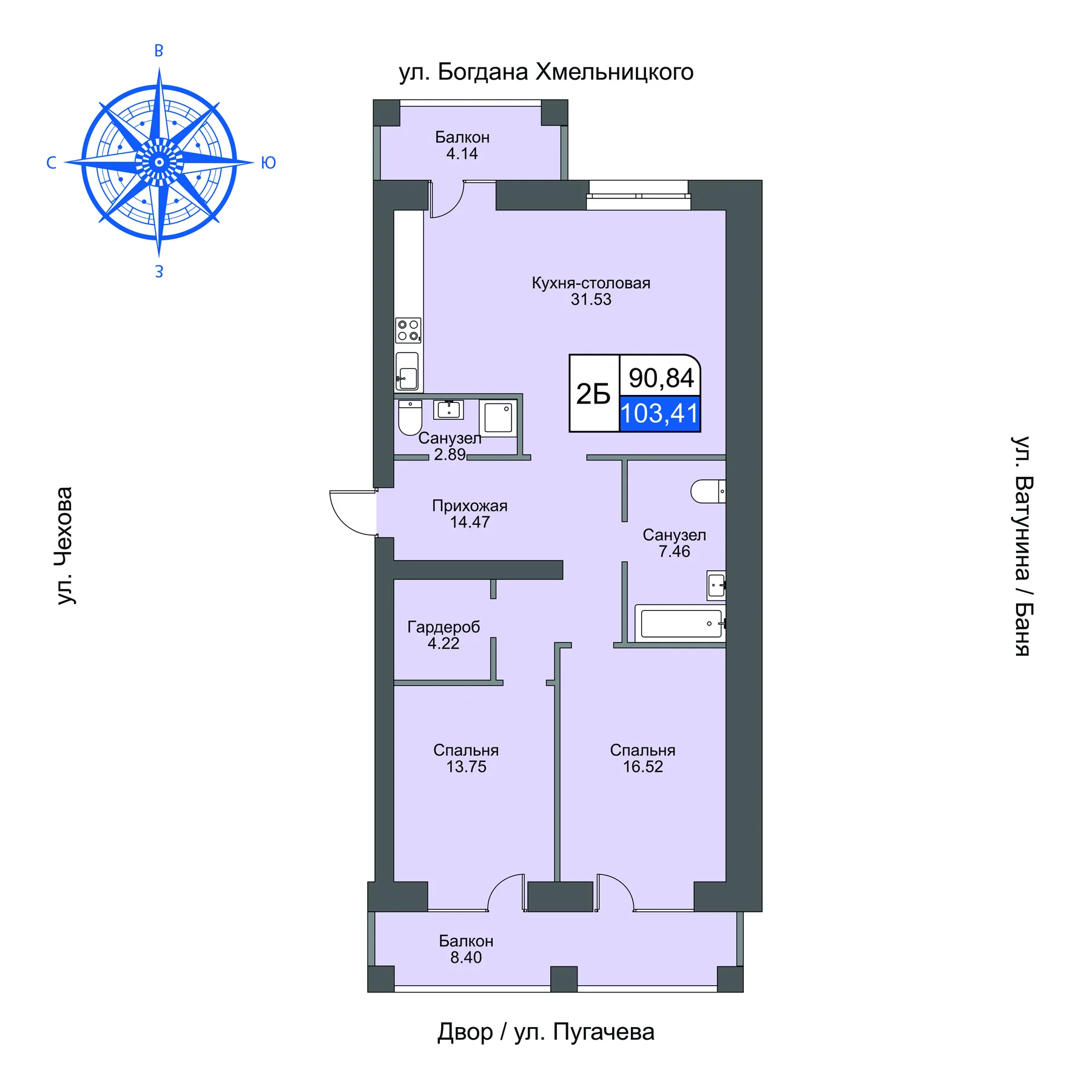 Планировка квартиры типа 2Б площадью 103,41 м²